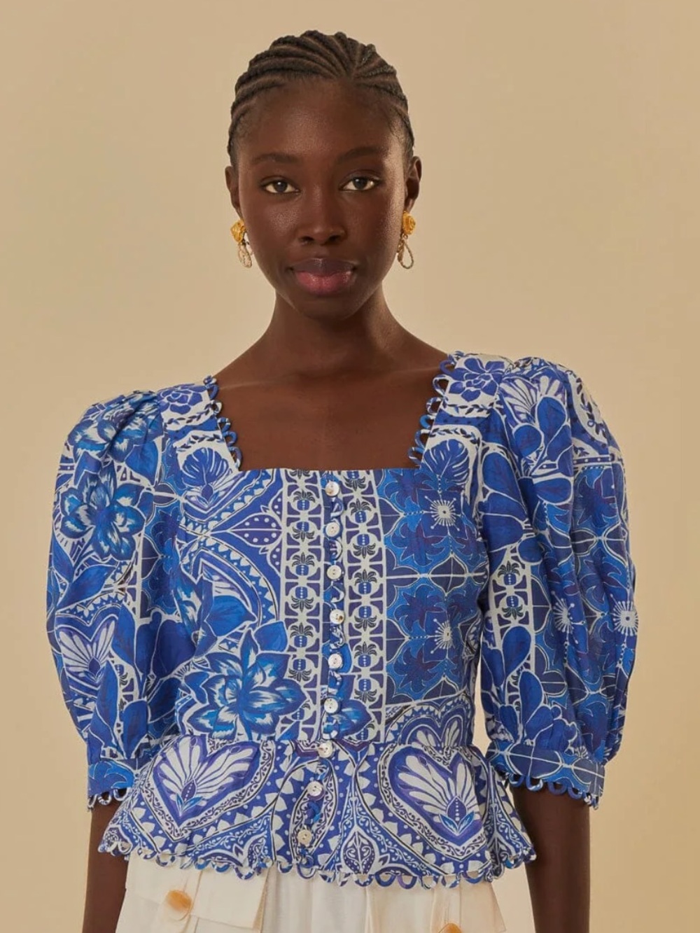 FARM Rio Blue & White Floral Square-Neck Puff Sleeve Top